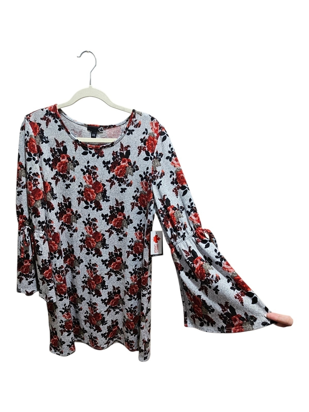 NWT Deadstock Sears Canada Floral Bell Sleeve A-Line Tunic Dress Grey Red XL - Picture 3 of 12